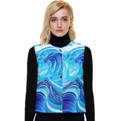 Tsunami Waves Ocean Sea Nautical Nature Abstract Blue Water Women s Short Button Up Puffer Vest by Jancukart