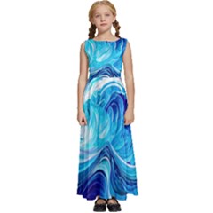 Tsunami Waves Ocean Sea Nautical Nature Abstract Blue Water Kids  Satin Sleeveless Maxi Dress by Jancukart