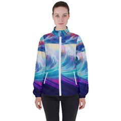 Waves Ocean Sea Tsunami Nautical Nature Water Women s High Neck Windbreaker by Jancukart