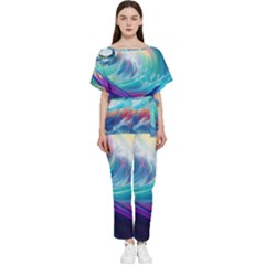 Waves Ocean Sea Tsunami Nautical Nature Water Batwing Lightweight Chiffon Jumpsuit