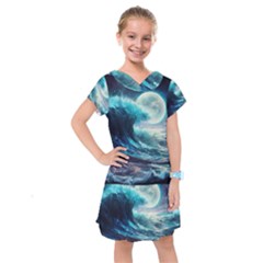 Tsunami Waves Ocean Sea Nautical Nature Water 4 Kids  Drop Waist Dress by Jancukart
