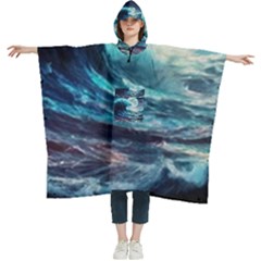 Tsunami Waves Ocean Sea Nautical Nature Water 4 Women s Hooded Rain Ponchos by Jancukart