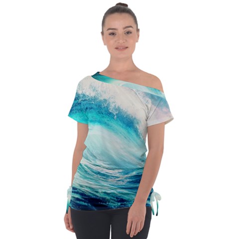 Tsunami Waves Ocean Sea Nautical Nature Water 8 Off Shoulder Tie-up Tee by Jancukart