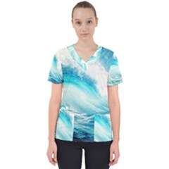 Tsunami Waves Ocean Sea Nautical Nature Water 8 Women s V-neck Scrub Top