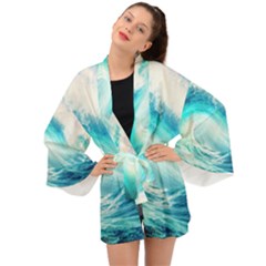 Tsunami Waves Ocean Sea Nautical Nature Water 8 Long Sleeve Kimono by Jancukart