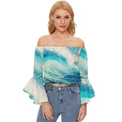 Tsunami Waves Ocean Sea Nautical Nature Water 8 Off Shoulder Flutter Bell Sleeve Top