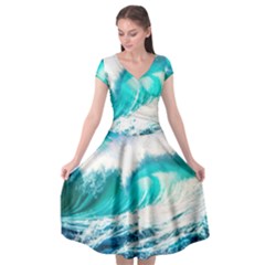 Tsunami Waves Ocean Sea Nautical Nature Water Blue Nature Cap Sleeve Wrap Front Dress by Jancukart