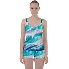 Tsunami Waves Ocean Sea Nautical Nature Water Blue Nature Tie Front Two Piece Tankini