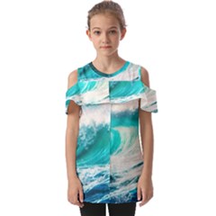 Tsunami Waves Ocean Sea Nautical Nature Water Blue Nature Fold Over Open Sleeve Top by Jancukart