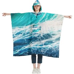 Tsunami Waves Ocean Sea Nautical Nature Water Blue Nature Women s Hooded Rain Ponchos by Jancukart