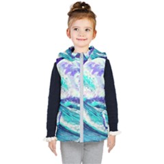 Tsunami Waves Ocean Sea Nautical Nature Water Kids  Hooded Puffer Vest