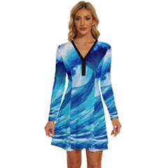 Tsunami Tidal Wave Ocean Waves Sea Nature Water 3 Long Sleeve Deep V Mini Dress  by Jancukart