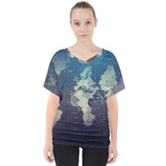 Vintage World Map Illustration Artwork Water Drop Digital Art Arts V-neck Dolman Drape Top by Sudheng