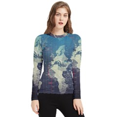 Vintage World Map Illustration Artwork Water Drop Digital Art Arts Women s Long Sleeve Rash Guard