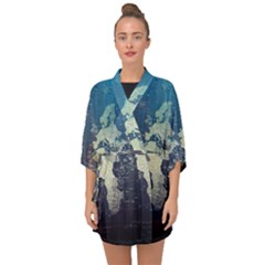 Vintage World Map Illustration Artwork Water Drop Digital Art Arts Half Sleeve Chiffon Kimono