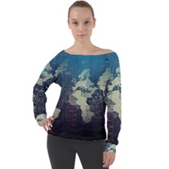 Vintage World Map Illustration Artwork Water Drop Digital Art arts Off Shoulder Long Sleeve Velour Top