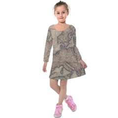 Vintage Europe Map Kids  Long Sleeve Velvet Dress by Sudheng