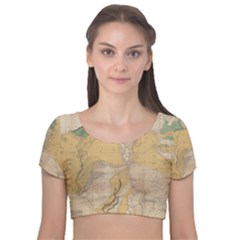 Vintage World Map Physical Geography Velvet Short Sleeve Crop Top 