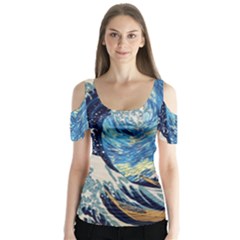The Great Wave Of Kanagawa Painting Starry Night Van Gogh Butterfly Sleeve Cutout Tee 