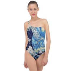 The Great Wave Of Kanagawa Painting Starry Night Van Gogh Classic One Shoulder Swimsuit