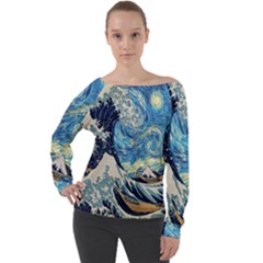 The Great Wave Of Kanagawa Painting Starry Night Van Gogh Off Shoulder Long Sleeve Velour Top