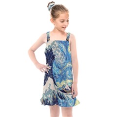 The Great Wave Of Kanagawa Painting Starry Night Van Gogh Kids  Overall Dress by Sudheng