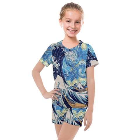 The Great Wave Of Kanagawa Painting Starry Night Van Gogh Kids  Mesh Tee And Shorts Set by Sudheng