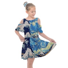 The Great Wave Of Kanagawa Painting Starry Night Van Gogh Kids  Shoulder Cutout Chiffon Dress by Sudheng