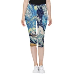 The Great Wave Of Kanagawa Painting Starry Night Van Gogh Inside Out Lightweight Velour Capri Leggings  by Sudheng