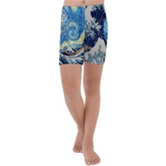 The Great Wave Of Kanagawa Painting Starry Night Van Gogh Kids  Lightweight Velour Capri Yoga Leggings by Sudheng