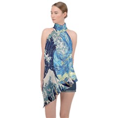 The Great Wave Of Kanagawa Painting Starry Night Van Gogh Halter Asymmetric Satin Top