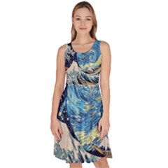 The Great Wave Of Kanagawa Painting Starry Night Van Gogh Knee Length Skater Dress With Pockets by Sudheng