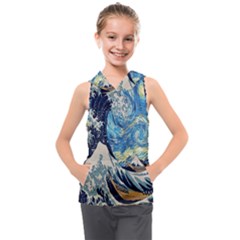 The Great Wave Of Kanagawa Painting Starry Night Van Gogh Kids  Sleeveless Hoodie