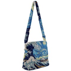 Starry Night Hokusai Van Gogh The Great Wave Off Kanagawa Zipper Messenger Bag by Sudheng