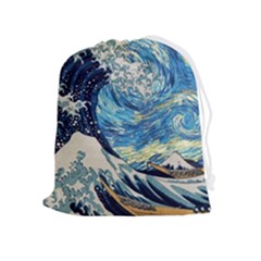 Starry Night Hokusai Van Gogh The Great Wave Off Kanagawa Drawstring Pouch (xl) by Sudheng