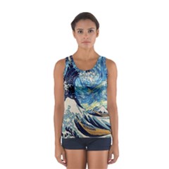 Starry Night Hokusai Van Gogh The Great Wave Off Kanagawa Sport Tank Top  by Sudheng