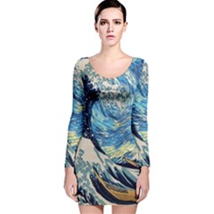 Starry Night Hokusai Van Gogh The Great Wave Off Kanagawa Long Sleeve Velvet Bodycon Dress by Sudheng