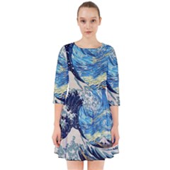 Starry Night Hokusai Van Gogh The Great Wave Off Kanagawa Smock Dress by Sudheng