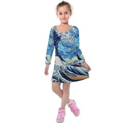 Starry Night Hokusai Van Gogh The Great Wave Off Kanagawa Kids  Long Sleeve Velvet Dress by Sudheng