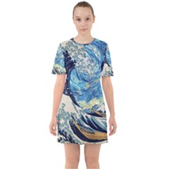 Starry Night Hokusai Van Gogh The Great Wave Off Kanagawa Sixties Short Sleeve Mini Dress by Sudheng