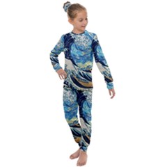 Starry Night Hokusai Van Gogh The Great Wave Off Kanagawa Kids  Long Sleeve Set  by Sudheng