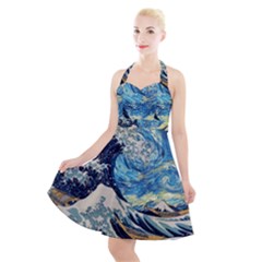 Starry Night Hokusai Van Gogh The Great Wave Off Kanagawa Halter Party Swing Dress  by Sudheng
