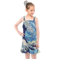 Starry Night Hokusai Van Gogh The Great Wave Off Kanagawa Kids  Overall Dress by Sudheng