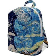 Starry Night Hokusai Van Gogh The Great Wave Off Kanagawa Zip Up Backpack by Sudheng
