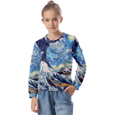 Starry Night Hokusai Van Gogh The Great Wave Off Kanagawa Kids  Long Sleeve Tee With Frill  by Sudheng