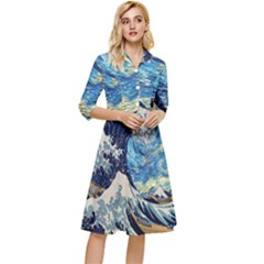 Starry Night Hokusai Van Gogh The Great Wave Off Kanagawa Classy Knee Length Dress by Sudheng