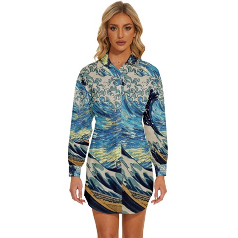 Starry Night Hokusai Van Gogh The Great Wave Off Kanagawa Womens Long Sleeve Shirt Dress by Sudheng