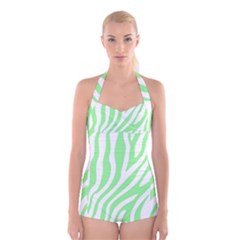 Green Zebra Vibes Animal Print  Boyleg Halter Swimsuit  by ConteMonfrey