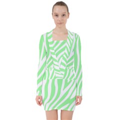 Green Zebra Vibes Animal Print  V-neck Bodycon Long Sleeve Dress