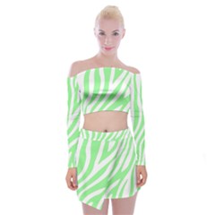 Green Zebra Vibes Animal Print  Off Shoulder Top with Mini Skirt Set